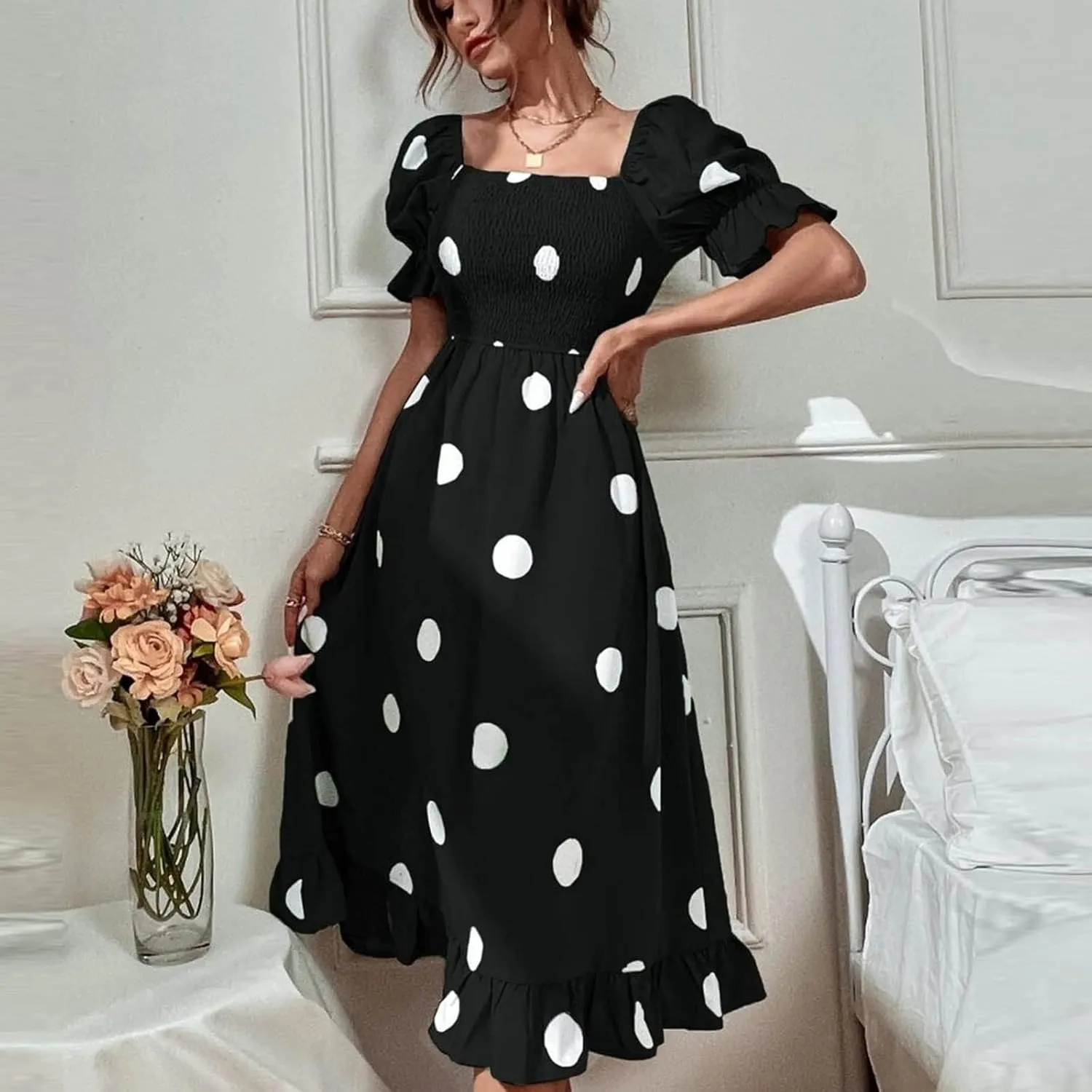 Polka Dot Maxi Dress for Women Square Neck Short Puff Sleeve Summer Midi Dress Elegant Ruffle Hem Shirred Dress 2025
