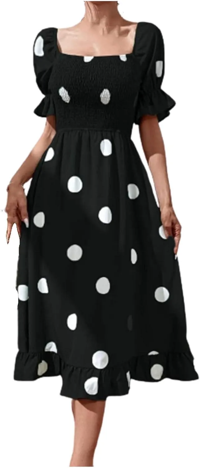 Polka Dot Maxi Dress for Women Square Neck Short Puff Sleeve Summer Midi Dress Elegant Ruffle Hem Shirred Dress 2025