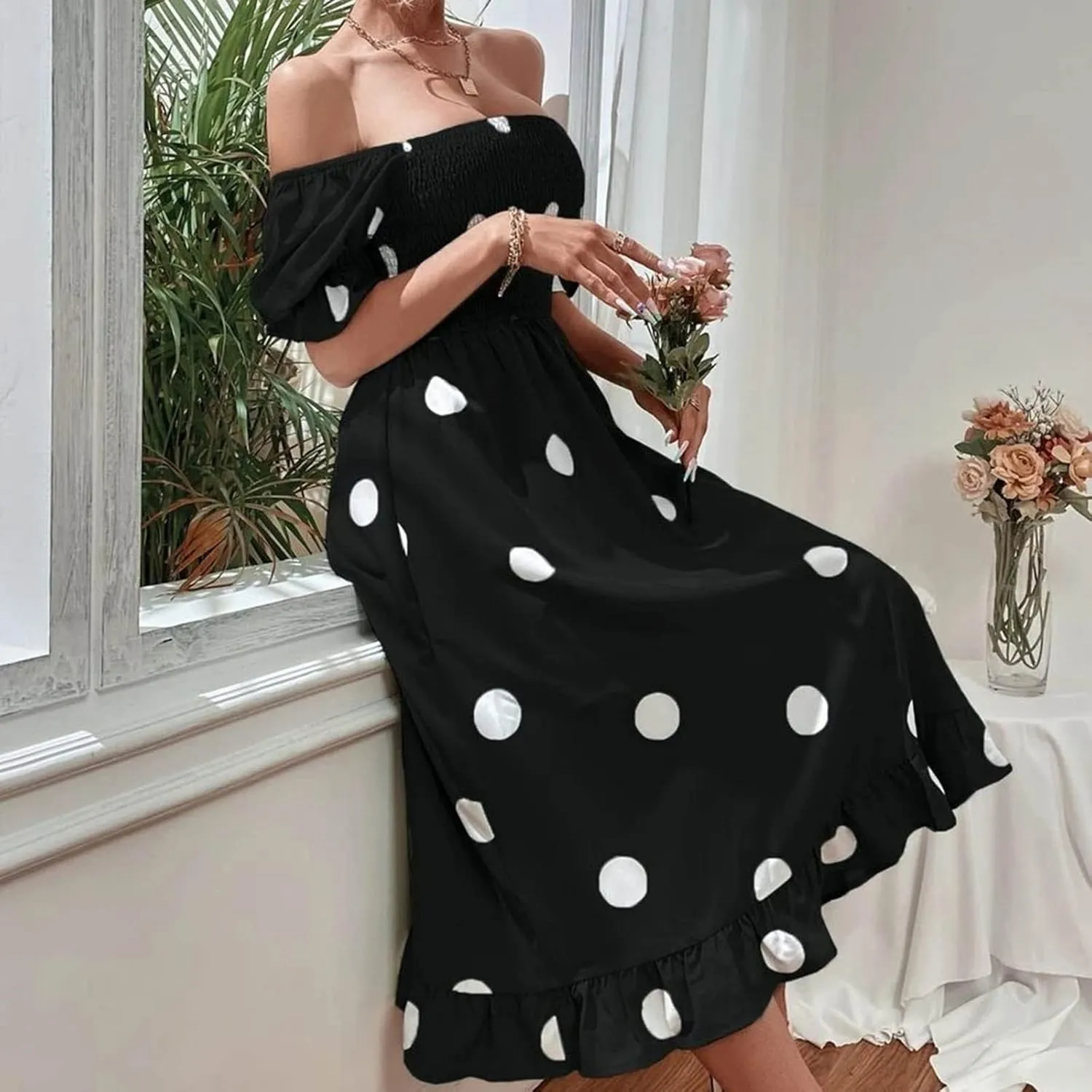 Polka Dot Maxi Dress for Women Square Neck Short Puff Sleeve Summer Midi Dress Elegant Ruffle Hem Shirred Dress 2025