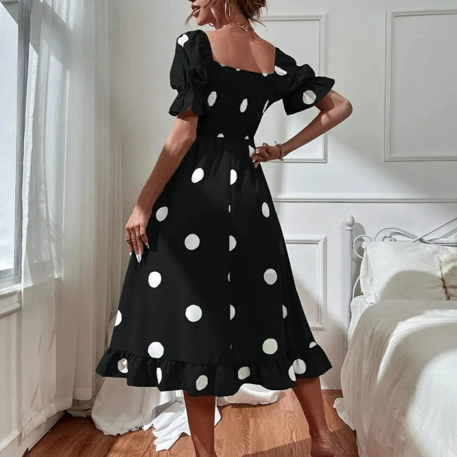 Polka Dot Maxi Dress for Women Square Neck Short Puff Sleeve Summer Midi Dress Elegant Ruffle Hem Shirred Dress 2025