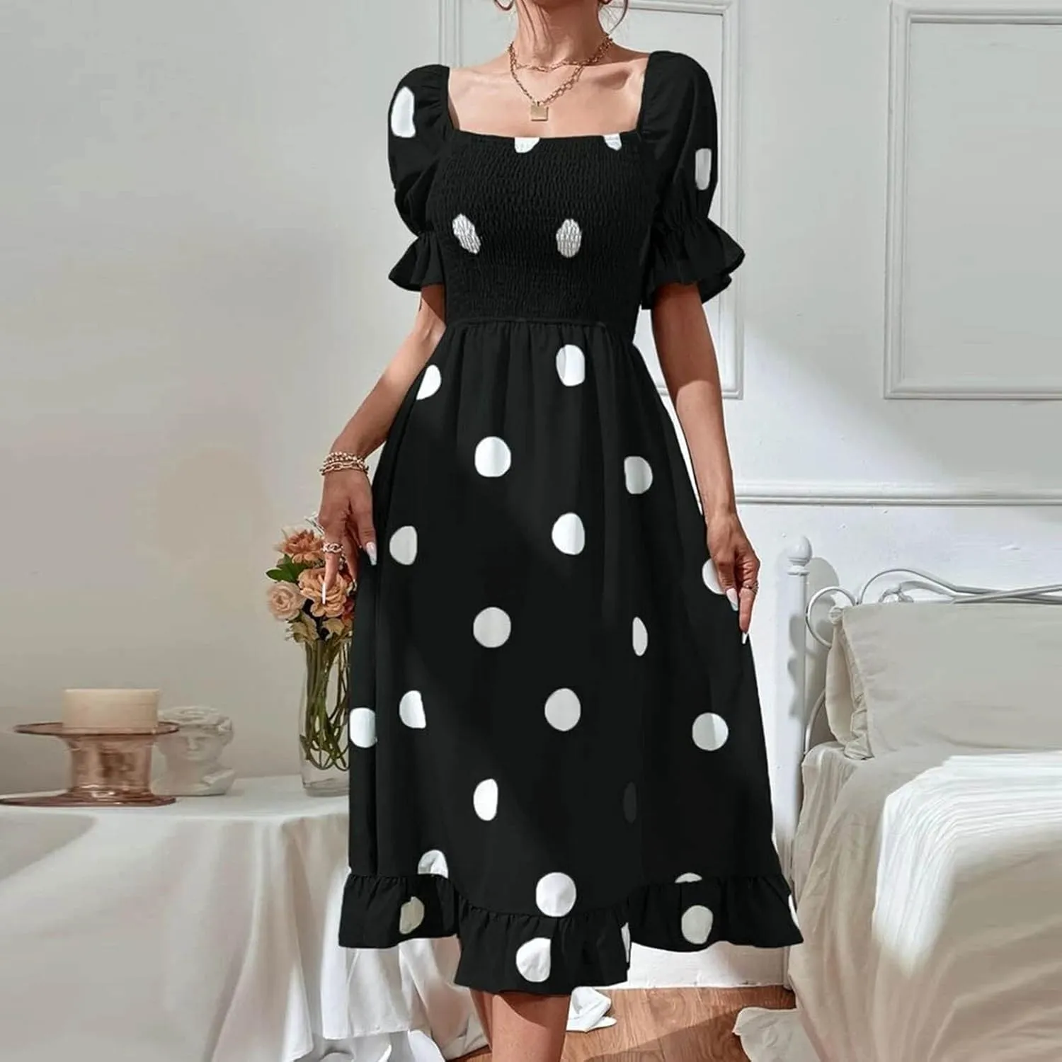 Polka Dot Maxi Dress for Women Square Neck Short Puff Sleeve Summer Midi Dress Elegant Ruffle Hem Shirred Dress 2025