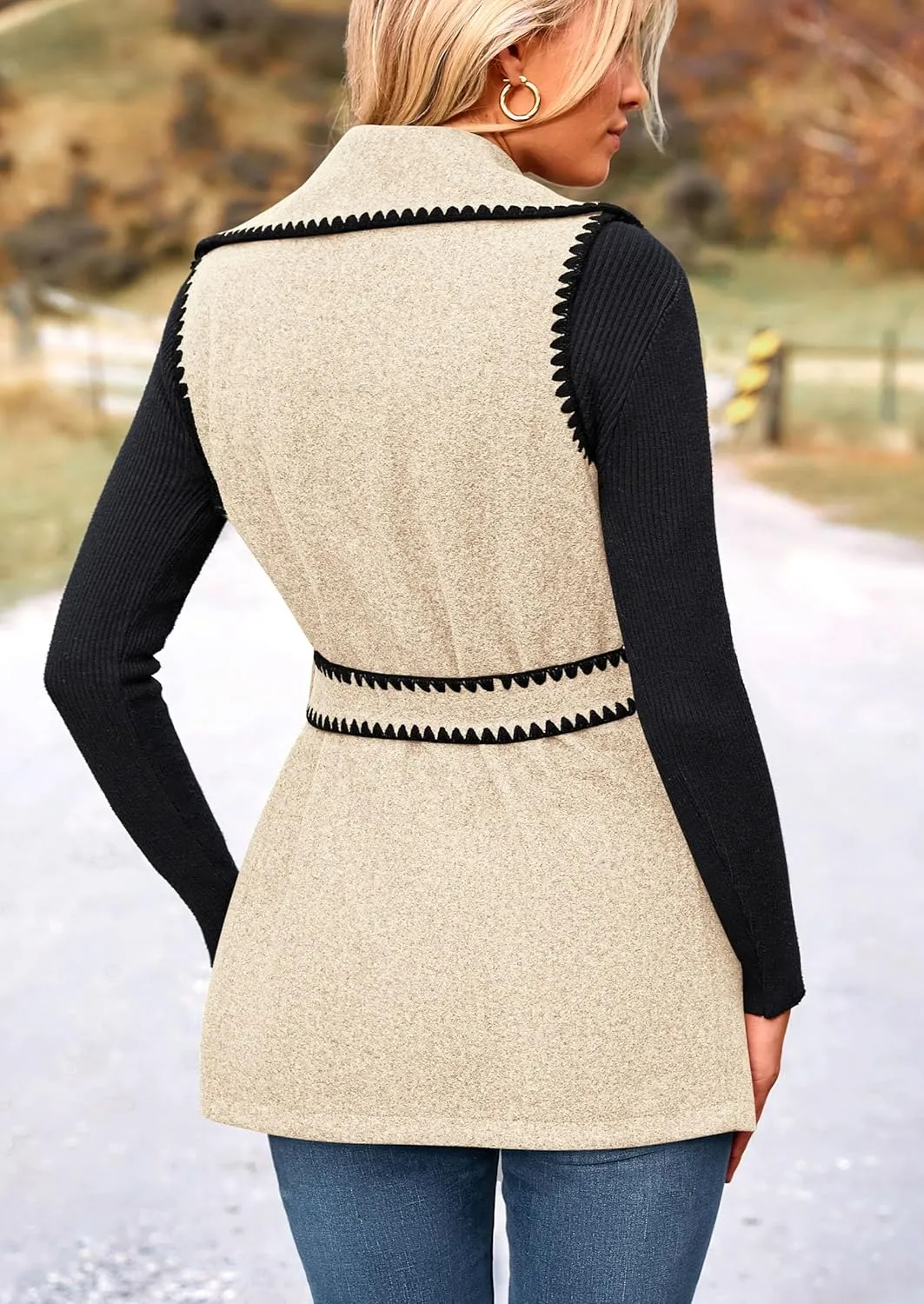 PRETTYGARDEN Women's 2025 Tweed Vest Jackets Sleeveless Lapel Button Front Belt Color Block Winter Cardigan Outerwear