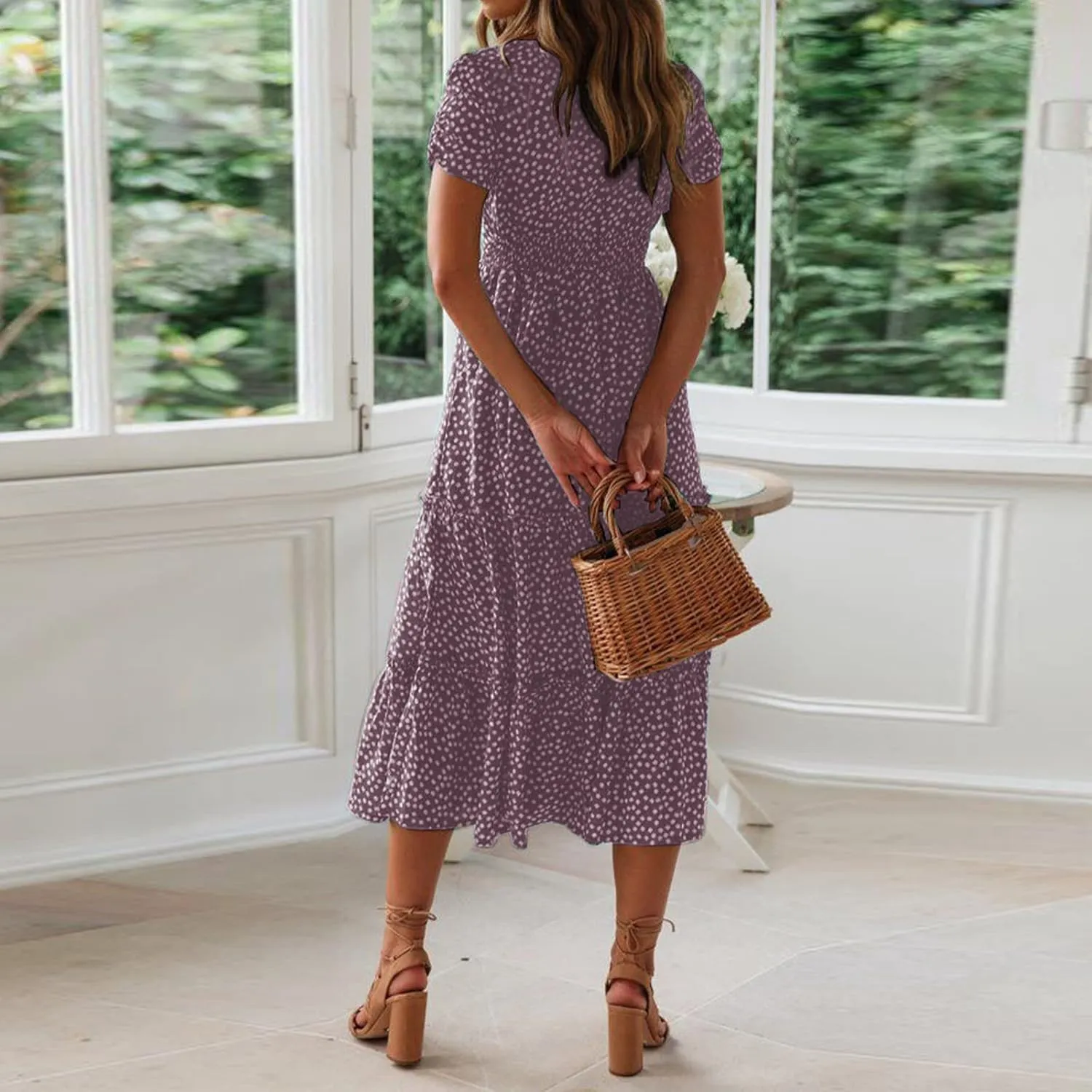 PTOLOCIF Women 2024 Casual Maxi Dress Casual Square Neck Ruffle Smocked Boho Flowy Dress Short Sleeve Floral Print Sundresses