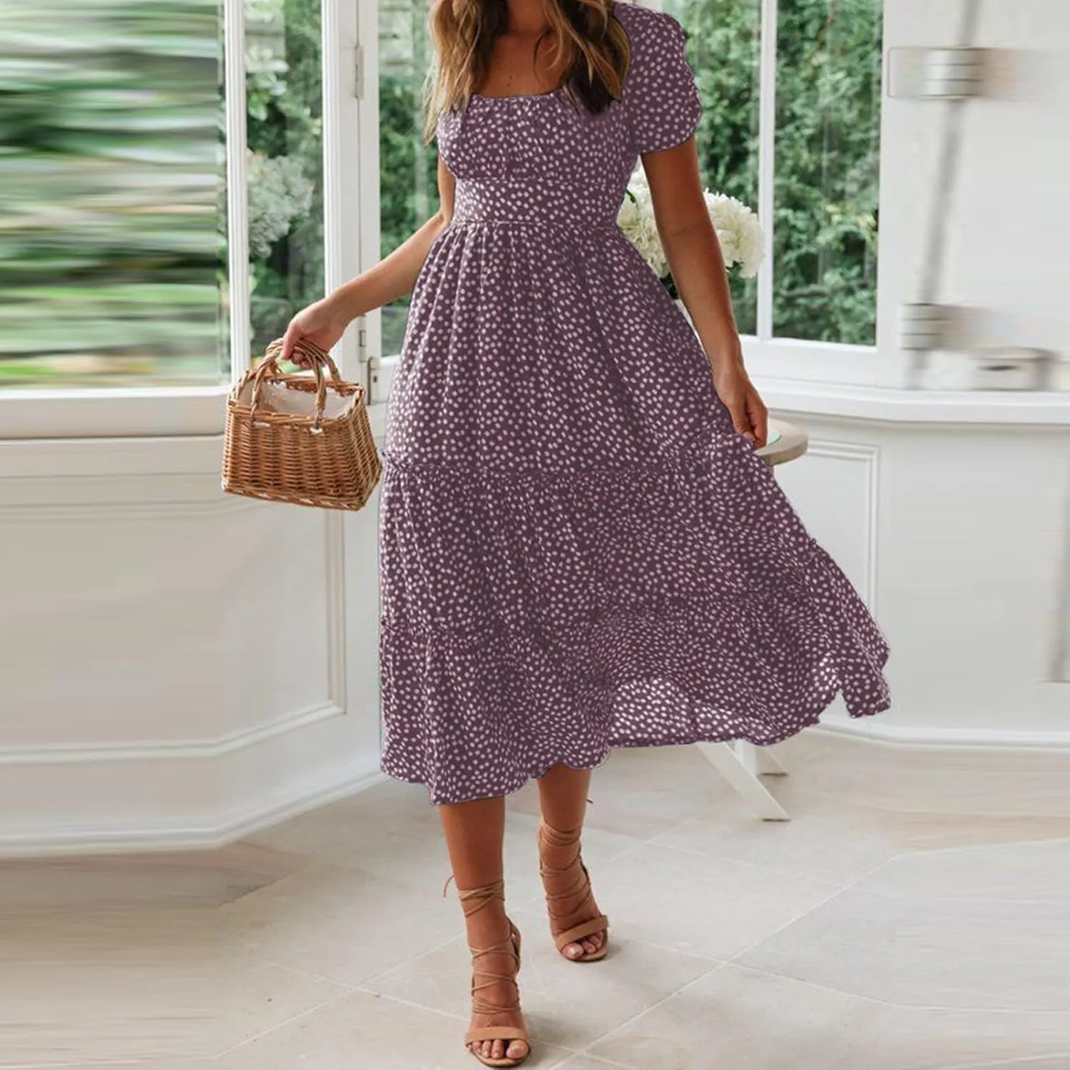PTOLOCIF Women 2024 Casual Maxi Dress Casual Square Neck Ruffle Smocked Boho Flowy Dress Short Sleeve Floral Print Sundresses