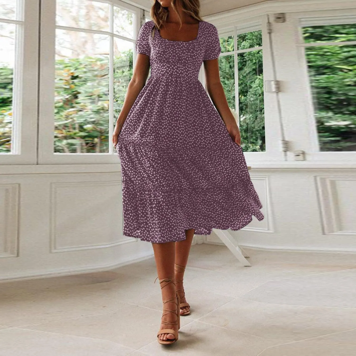 PTOLOCIF Women 2024 Casual Maxi Dress Casual Square Neck Ruffle Smocked Boho Flowy Dress Short Sleeve Floral Print Sundresses