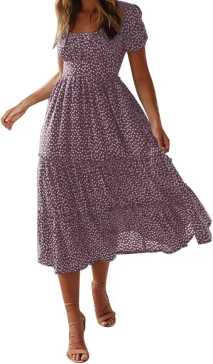 PTOLOCIF Women 2024 Casual Maxi Dress Casual Square Neck Ruffle Smocked Boho Flowy Dress Short Sleeve Floral Print Sundresses