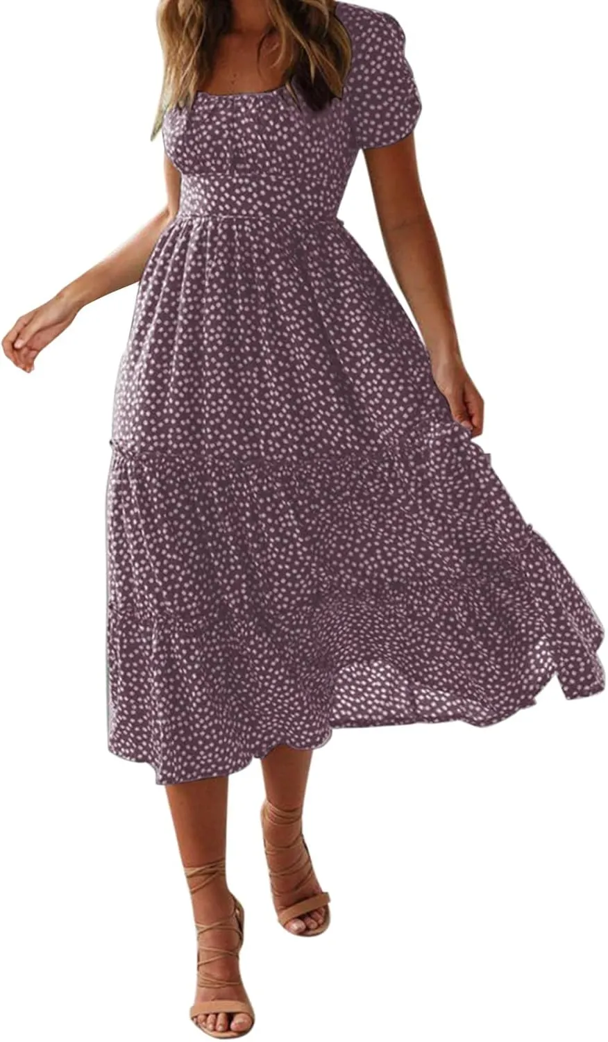 PTOLOCIF Women 2024 Casual Maxi Dress Casual Square Neck Ruffle Smocked Boho Flowy Dress Short Sleeve Floral Print Sundresses