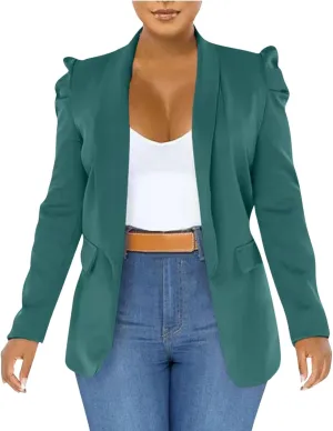 Puff Sleeve Blazers for Women 2023 Pad Shoulder Open Front Work Blazer Suit Business Solid Color Coats Office Jacket