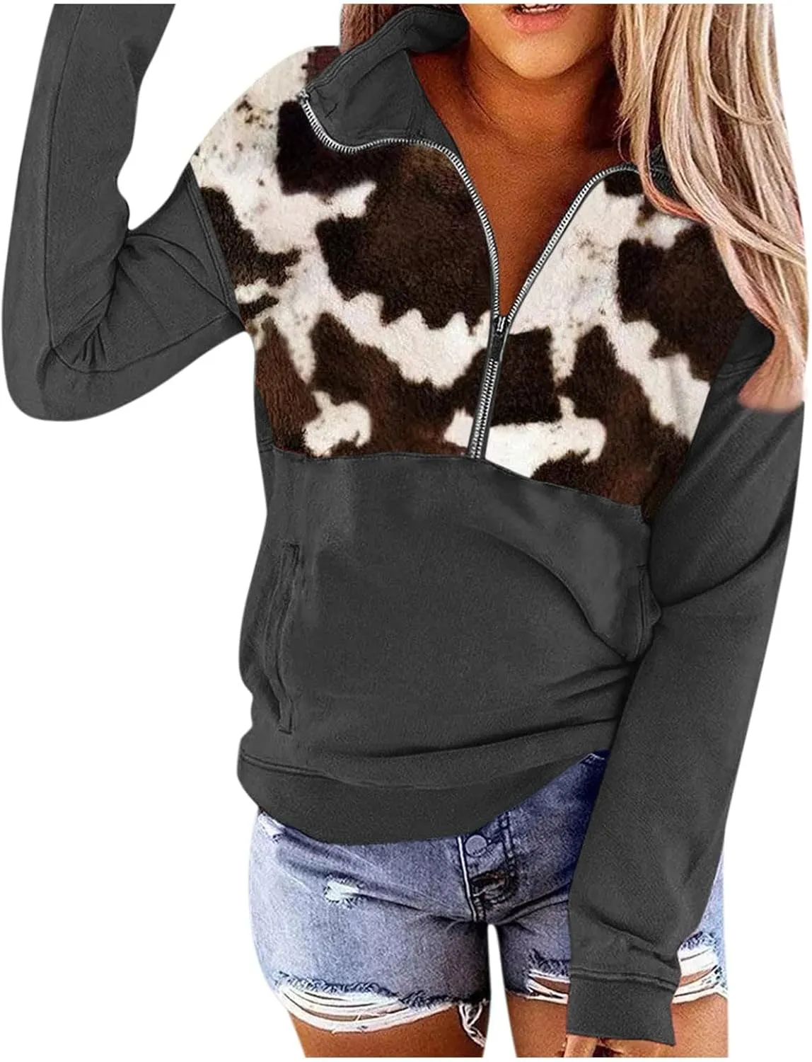 Quarter Zip Pullover Women, Cow Print Patchwork Sweatshirt Long Sleeve Lapel Jacket Tops Casual Loose Coat Outwear