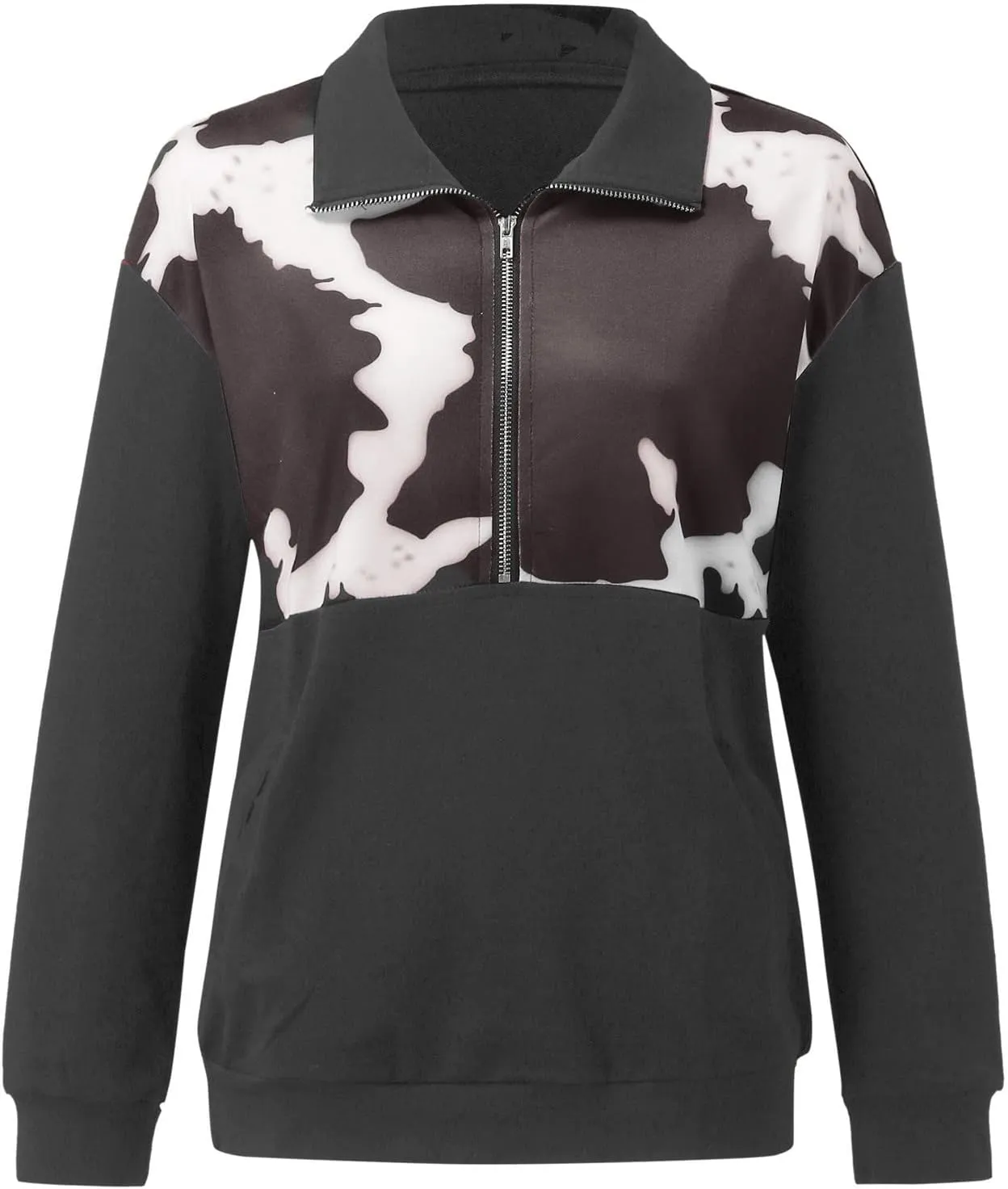Quarter Zip Pullover Women, Cow Print Patchwork Sweatshirt Long Sleeve Lapel Jacket Tops Casual Loose Coat Outwear