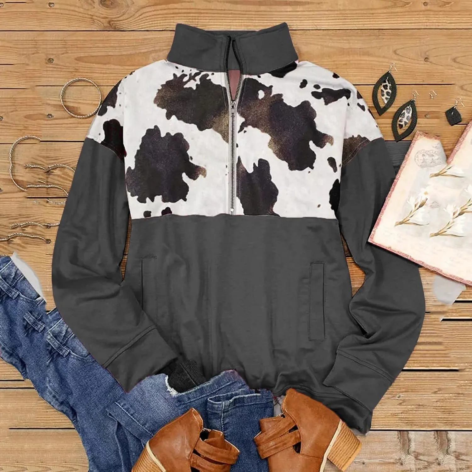 Quarter Zip Pullover Women, Cow Print Patchwork Sweatshirt Long Sleeve Lapel Jacket Tops Casual Loose Coat Outwear