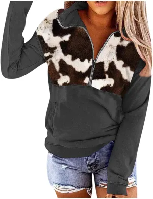 Quarter Zip Pullover Women, Cow Print Patchwork Sweatshirt Long Sleeve Lapel Jacket Tops Casual Loose Coat Outwear