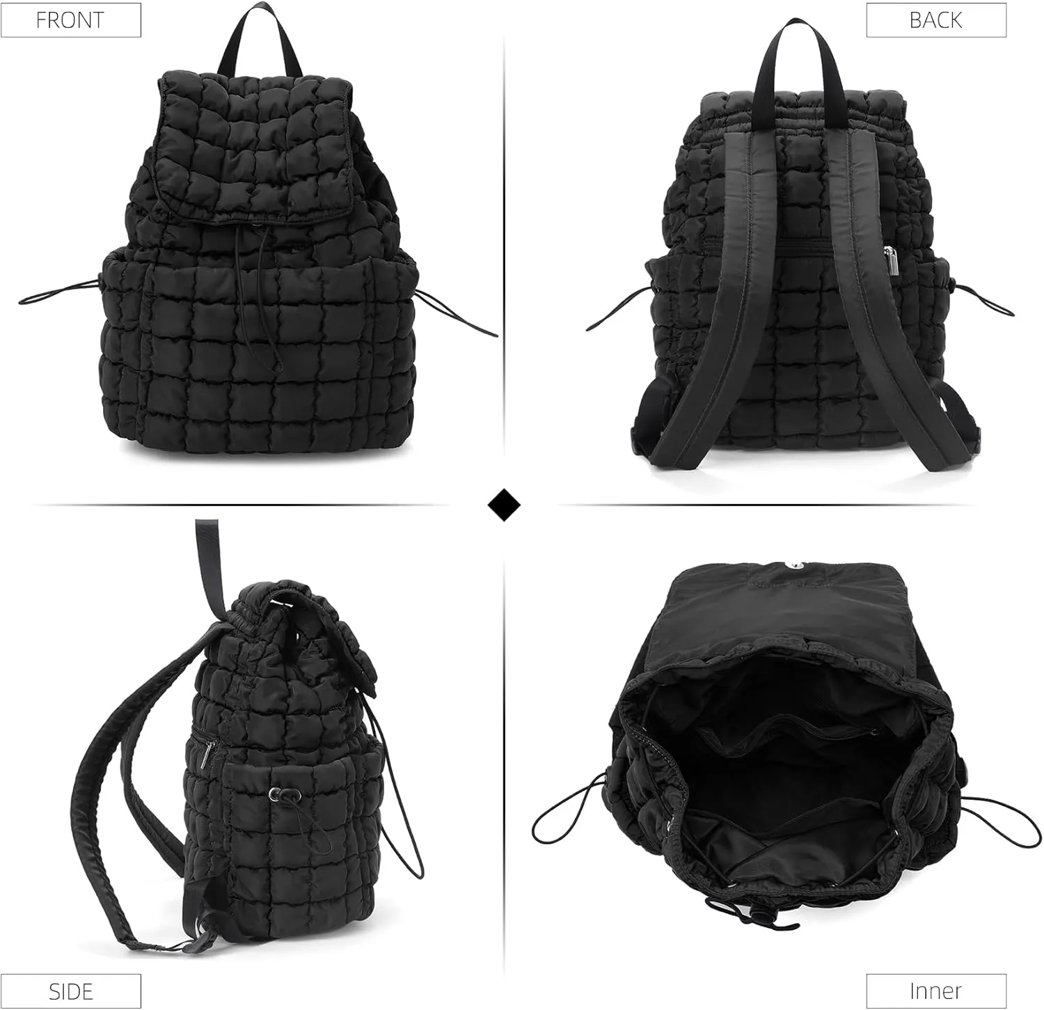 Quilted Puffer Backpack for Women Lightweight Soft Puffy Drawstring Backpacks Rucksacks Bags for Casual Daypack Travel Hiking Gym, Black