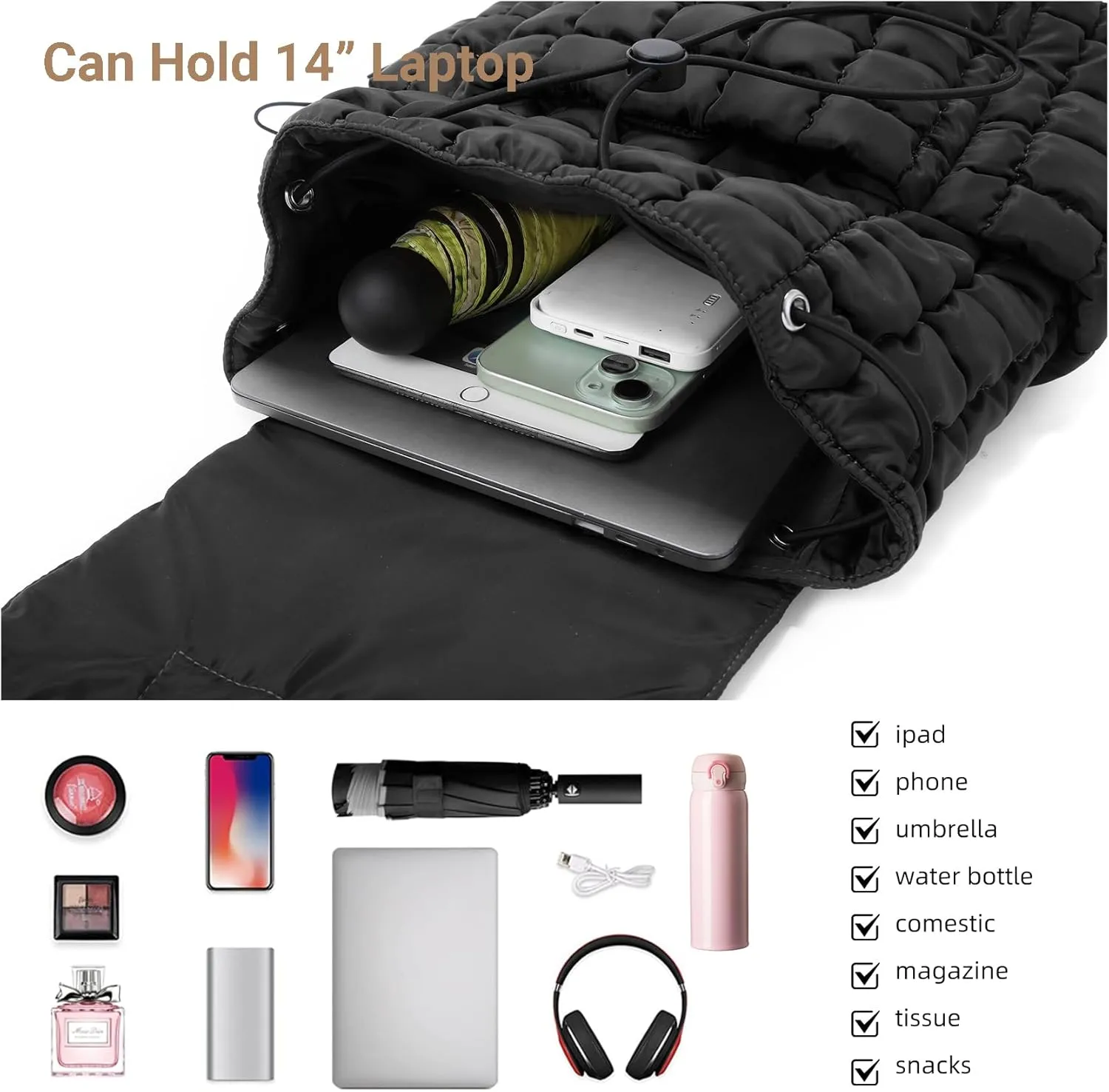 Quilted Puffer Backpack for Women Lightweight Soft Puffy Drawstring Backpacks Rucksacks Bags for Casual Daypack Travel Hiking Gym, Black