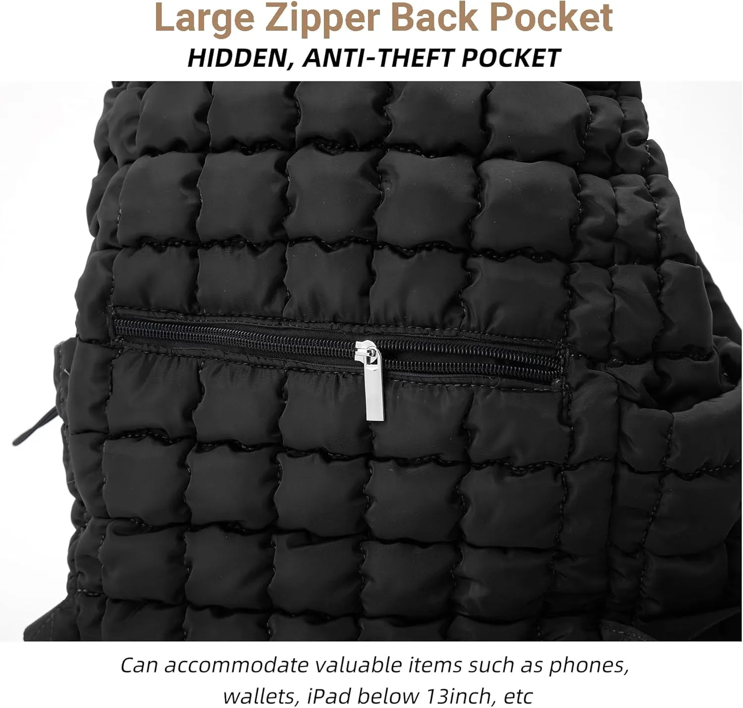 Quilted Puffer Backpack for Women Lightweight Soft Puffy Drawstring Backpacks Rucksacks Bags for Casual Daypack Travel Hiking Gym, Black