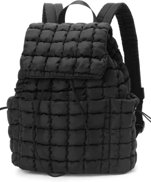 Quilted Puffer Backpack for Women Lightweight Soft Puffy Drawstring Backpacks Rucksacks Bags for Casual Daypack Travel Hiking Gym, Black