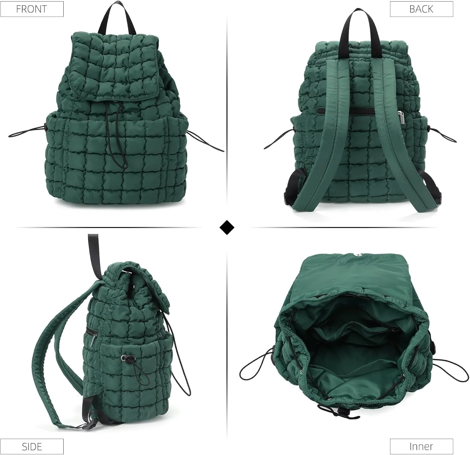 Quilted Puffer Backpack for Women Lightweight Soft Puffy Drawstring Backpacks Rucksacks Bags for Casual Daypack Travel Hiking Gym, Green