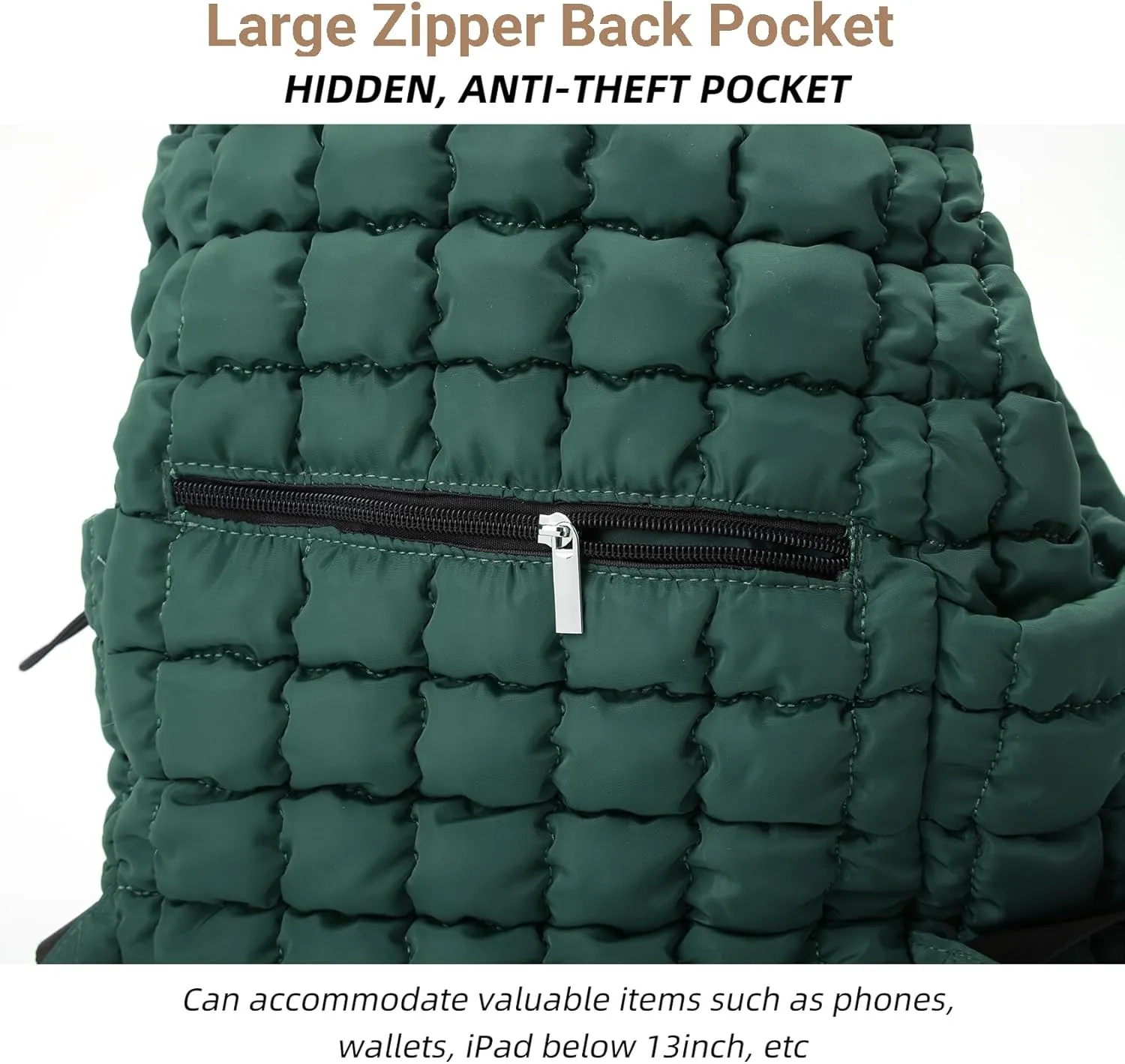 Quilted Puffer Backpack for Women Lightweight Soft Puffy Drawstring Backpacks Rucksacks Bags for Casual Daypack Travel Hiking Gym, Green