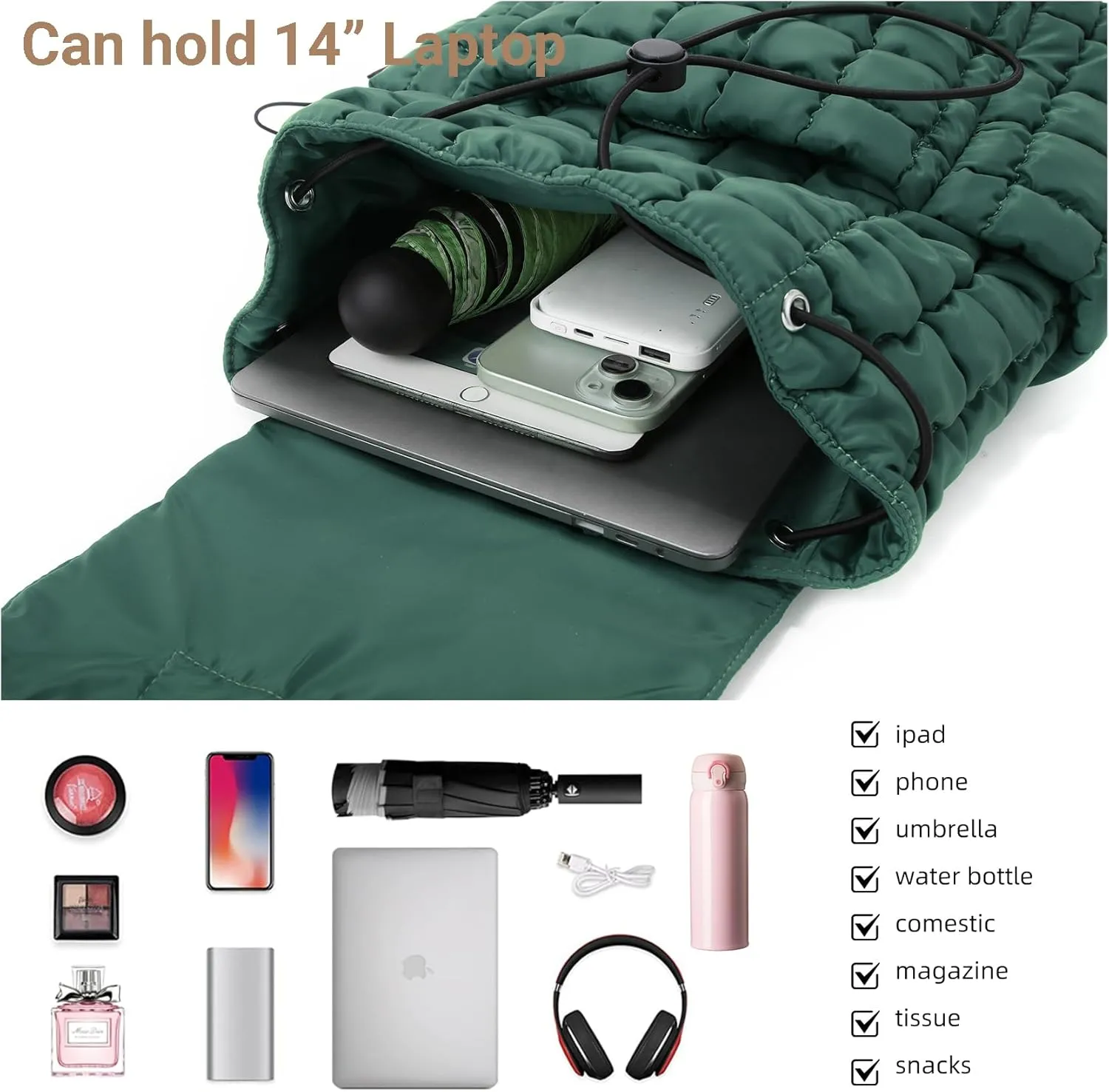 Quilted Puffer Backpack for Women Lightweight Soft Puffy Drawstring Backpacks Rucksacks Bags for Casual Daypack Travel Hiking Gym, Green
