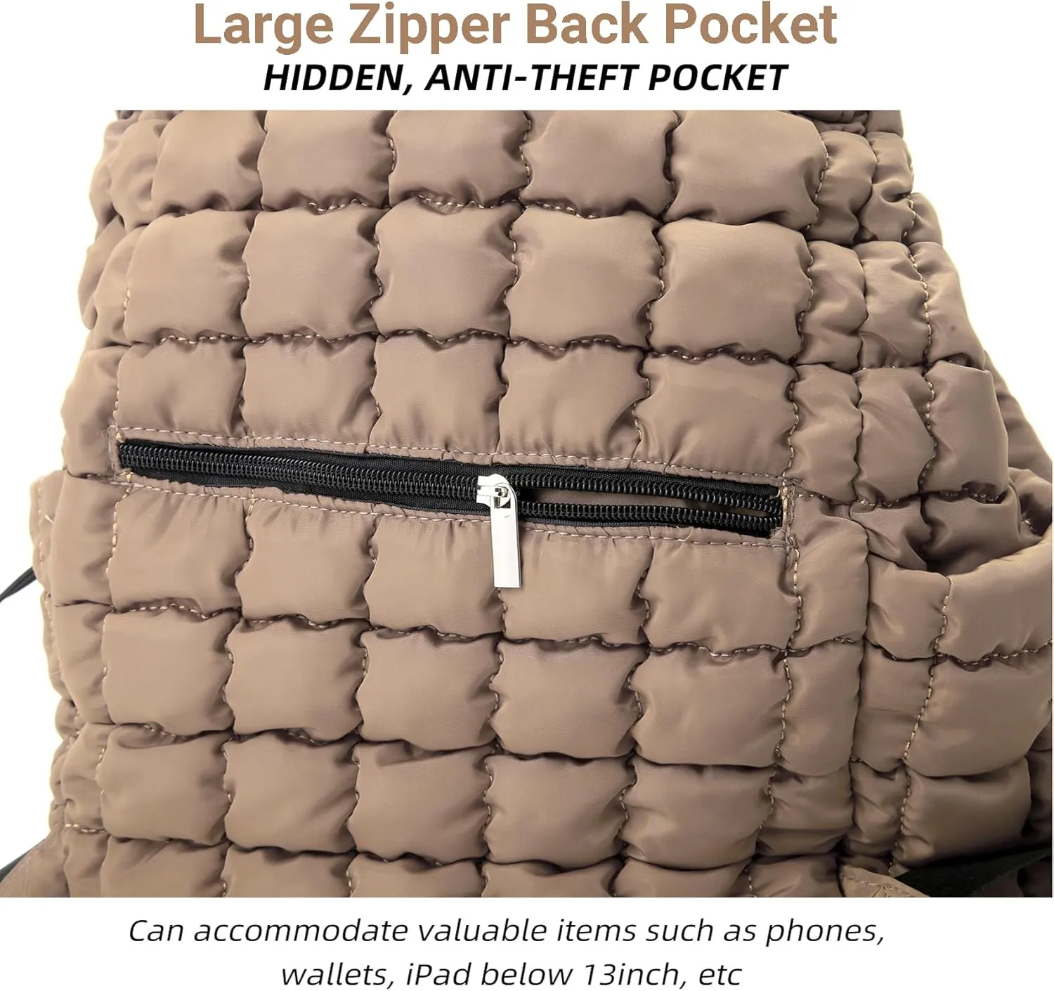 Quilted Puffer Backpack for Women Lightweight Soft Puffy Drawstring Backpacks Rucksacks Bags for Casual Daypack Travel Hiking Gym, Khaki