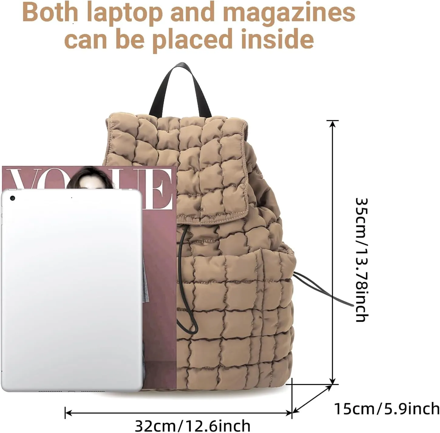 Quilted Puffer Backpack for Women Lightweight Soft Puffy Drawstring Backpacks Rucksacks Bags for Casual Daypack Travel Hiking Gym, Khaki