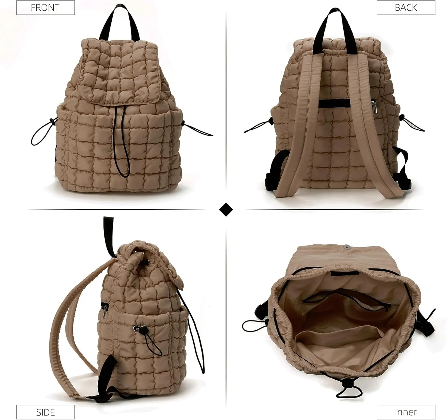 Quilted Puffer Backpack for Women Lightweight Soft Puffy Drawstring Backpacks Rucksacks Bags for Casual Daypack Travel Hiking Gym, Khaki