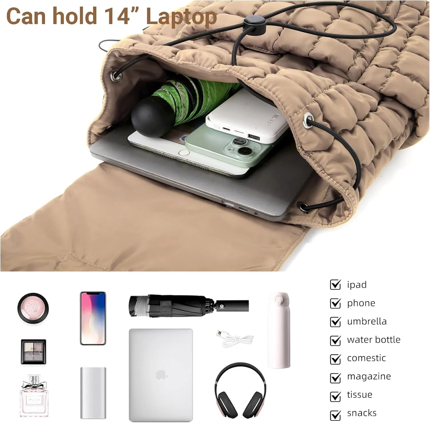 Quilted Puffer Backpack for Women Lightweight Soft Puffy Drawstring Backpacks Rucksacks Bags for Casual Daypack Travel Hiking Gym, Khaki