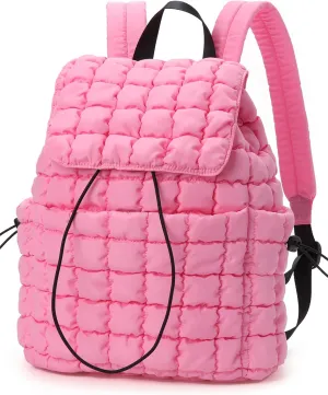 Quilted Puffer Backpack for Women Lightweight Soft Puffy Drawstring Backpacks Rucksacks Bags for Casual Daypack Travel Hiking Gym, Pink