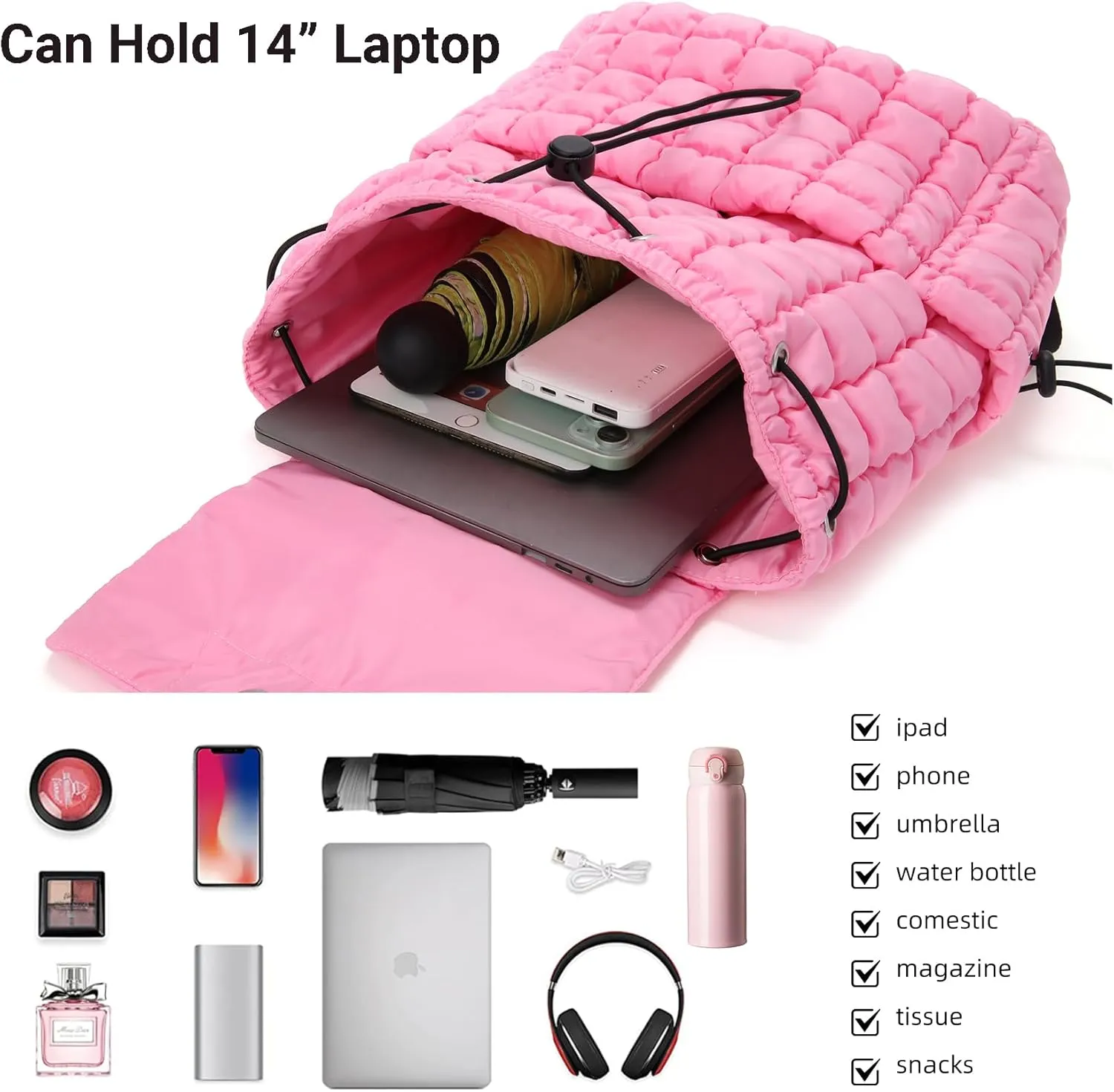 Quilted Puffer Backpack for Women Lightweight Soft Puffy Drawstring Backpacks Rucksacks Bags for Casual Daypack Travel Hiking Gym, Pink