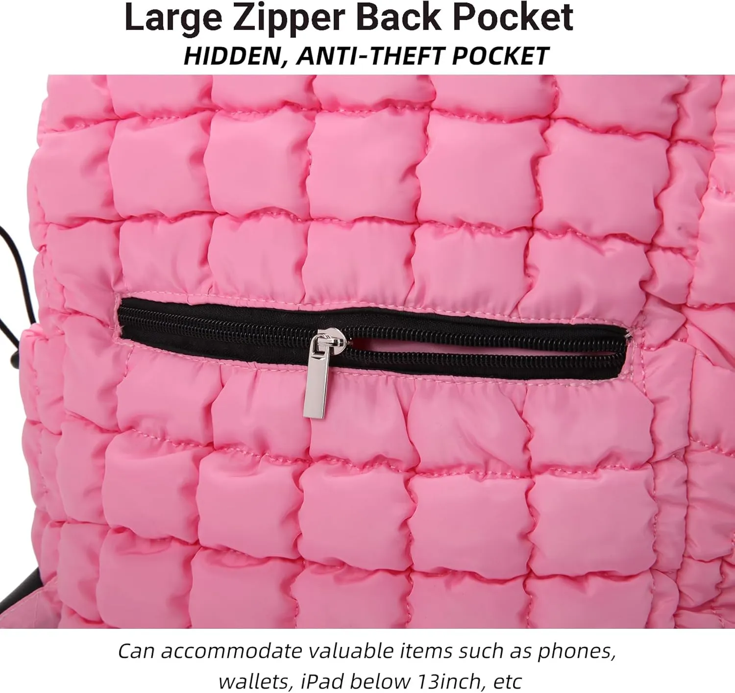 Quilted Puffer Backpack for Women Lightweight Soft Puffy Drawstring Backpacks Rucksacks Bags for Casual Daypack Travel Hiking Gym, Pink