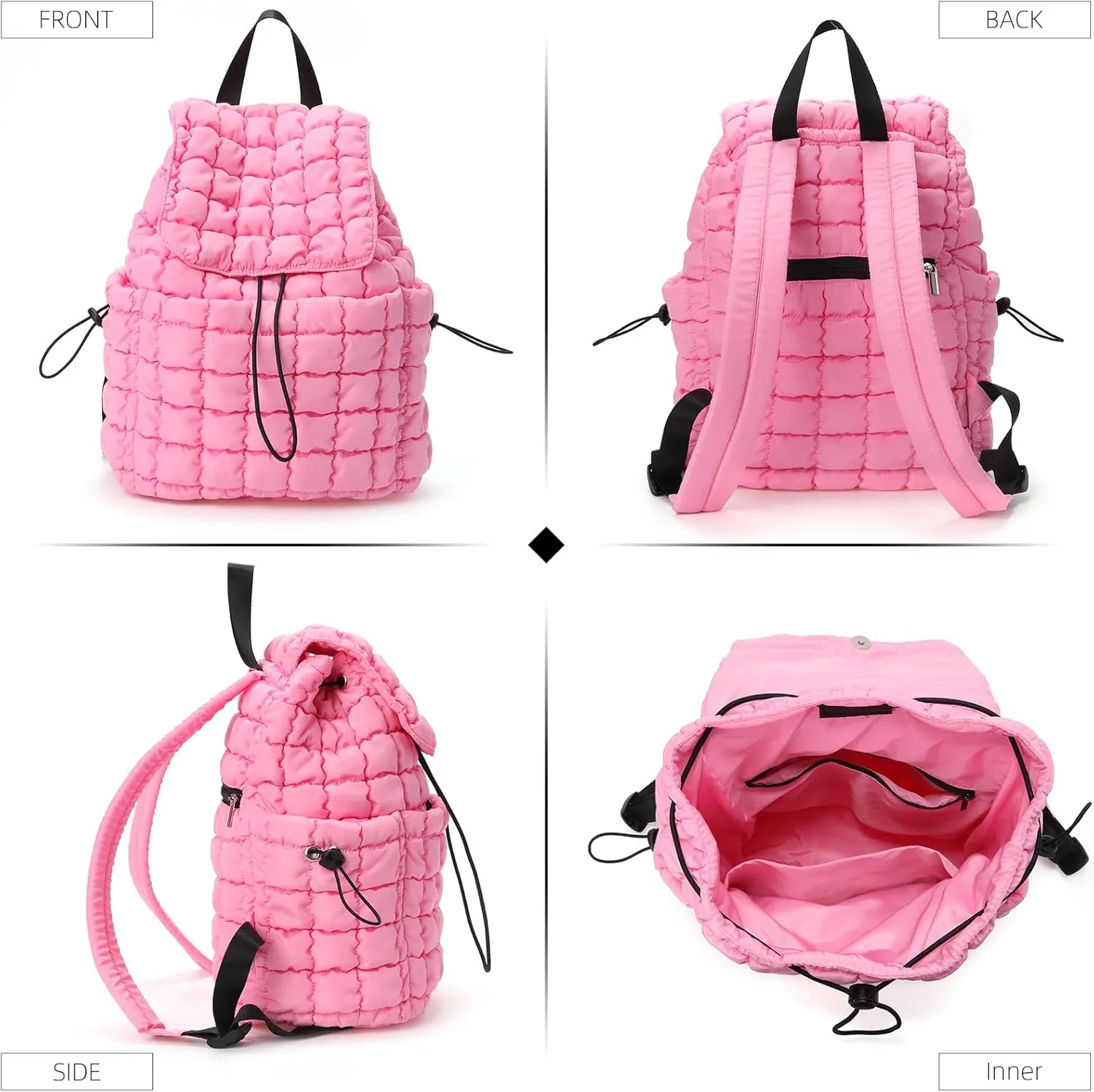 Quilted Puffer Backpack for Women Lightweight Soft Puffy Drawstring Backpacks Rucksacks Bags for Casual Daypack Travel Hiking Gym, Pink