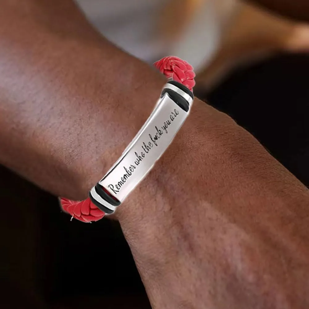 Remember Who The Fck You Are Leather Bracelet Black Braided Stainless Steel Bracelet Unique Inspirational Quote Engraved Bracelets Handmade Jewelry for Son/Dad/Boyfriend/Husband Inspirational Jewelry for Woman Man