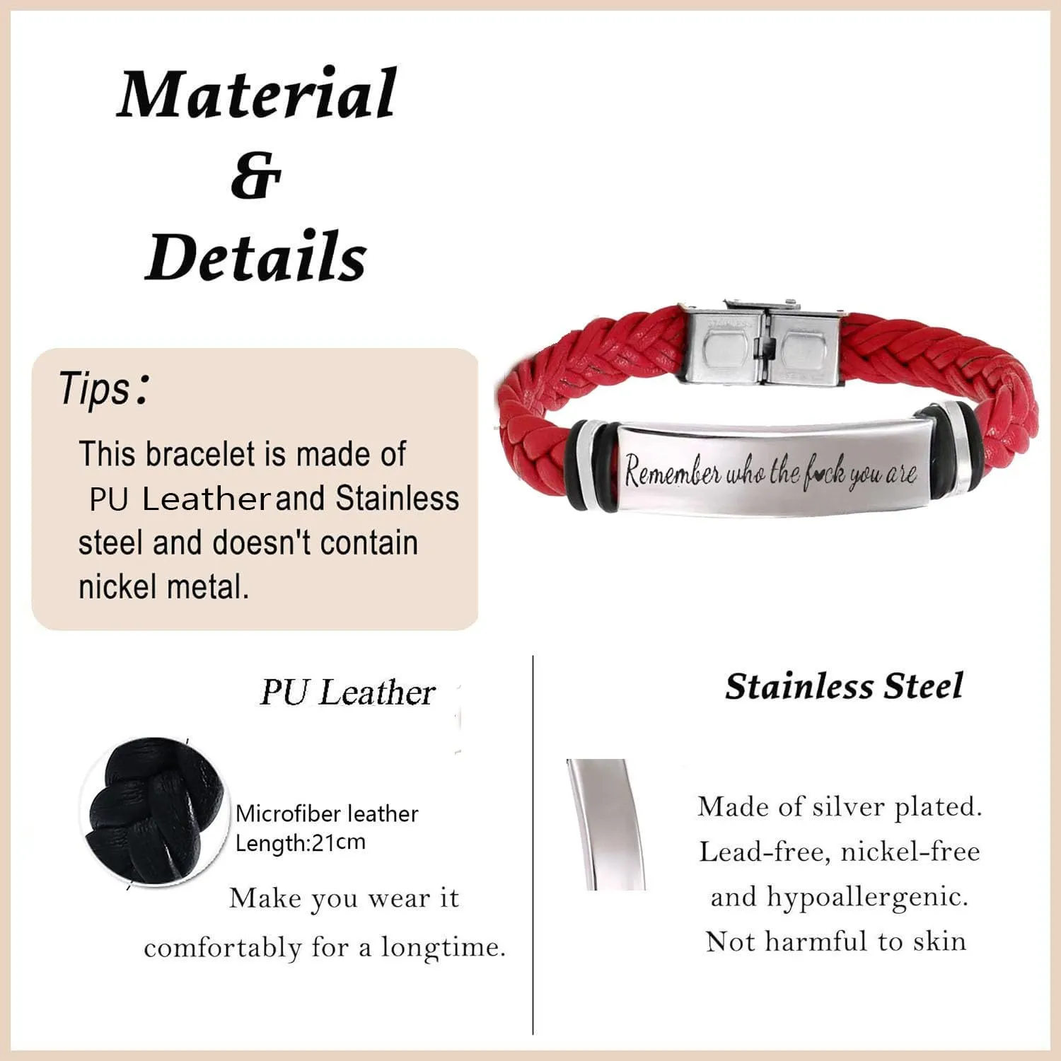 Remember Who The Fck You Are Leather Bracelet Black Braided Stainless Steel Bracelet Unique Inspirational Quote Engraved Bracelets Handmade Jewelry for Son/Dad/Boyfriend/Husband Inspirational Jewelry for Woman Man