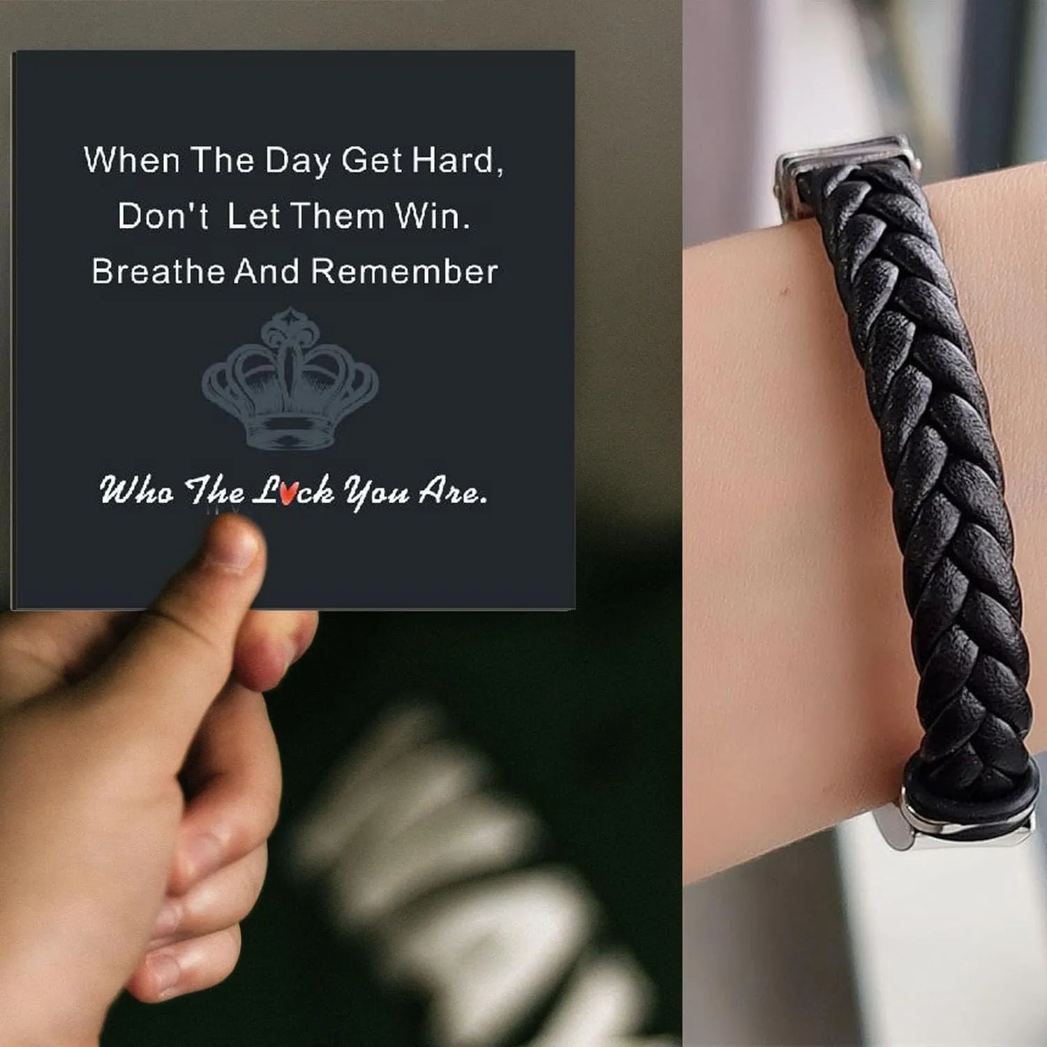 Remember Who The Fck You Are Leather Bracelet Black Braided Stainless Steel Bracelet Unique Inspirational Quote Engraved Bracelets Handmade Jewelry for Son/Dad/Boyfriend/Husband Inspirational Jewelry for Woman Man