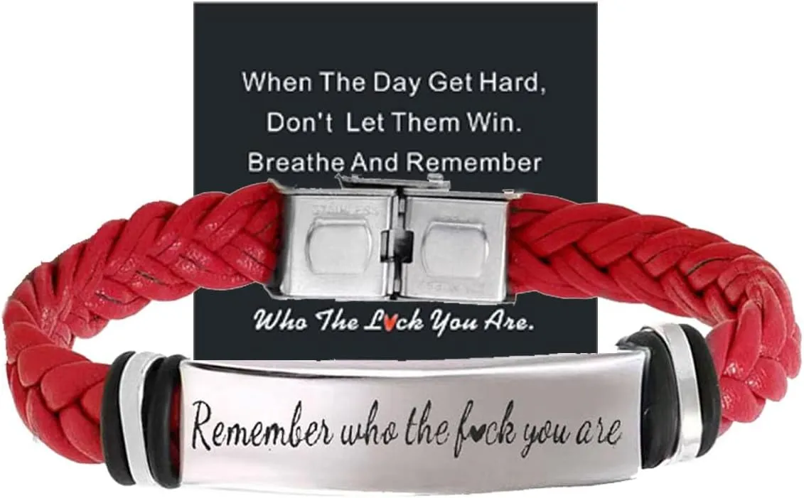 Remember Who The Fck You Are Leather Bracelet Black Braided Stainless Steel Bracelet Unique Inspirational Quote Engraved Bracelets Handmade Jewelry for Son/Dad/Boyfriend/Husband Inspirational Jewelry for Woman Man