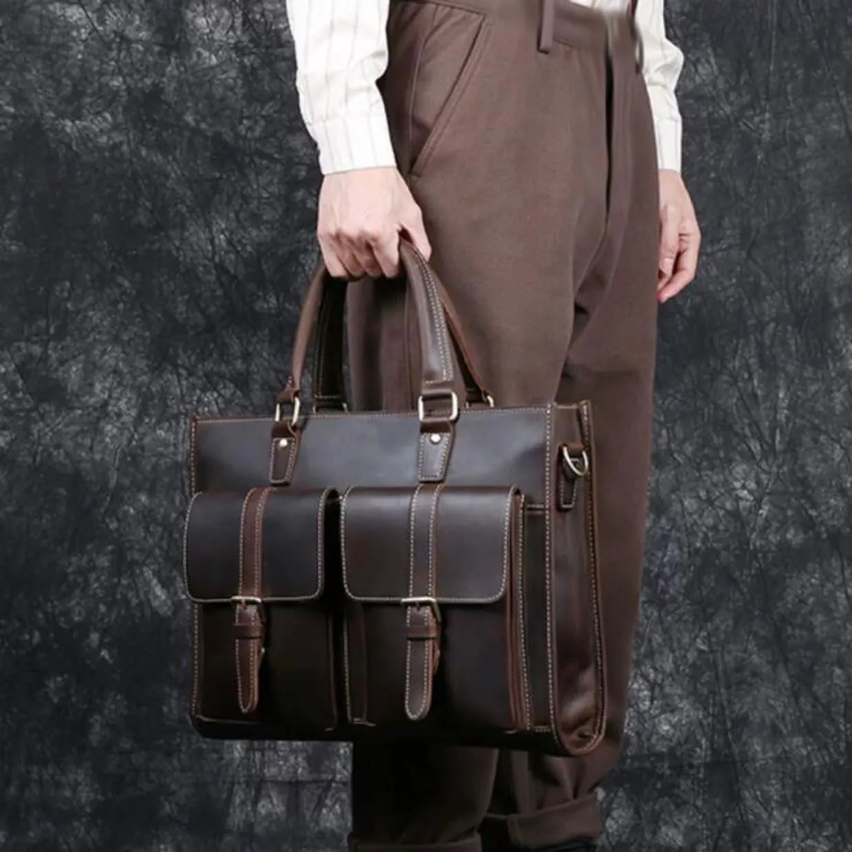 Retro Handbags Mens Business Briefcases Laptop Bags Messenger Shoulder Bags Genuine Leather Computers Bags