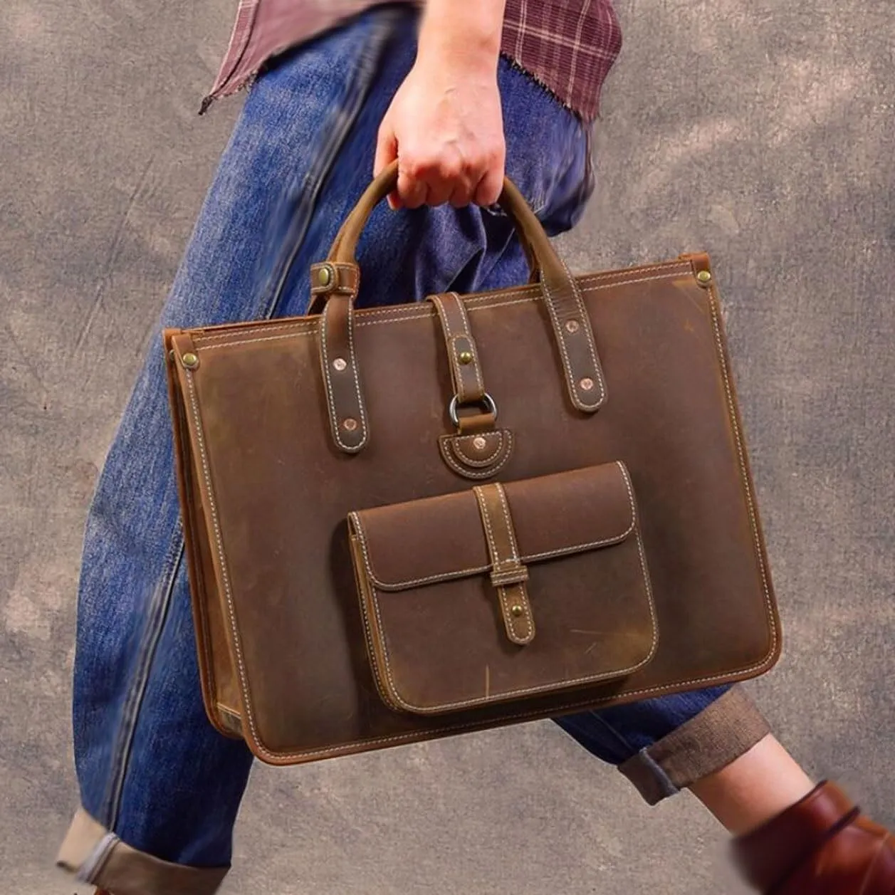 Retro Mens Business Briefcases Handbags Messenger Shoulder Bags Genuine Leather Laptop Bags Crossbody Bags
