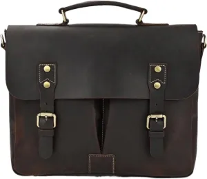 Retro Mens Computer Bags Handbags Messenger Shoulder Bags Genuine Leather Laptop Bags Briefcases 14.2Inch