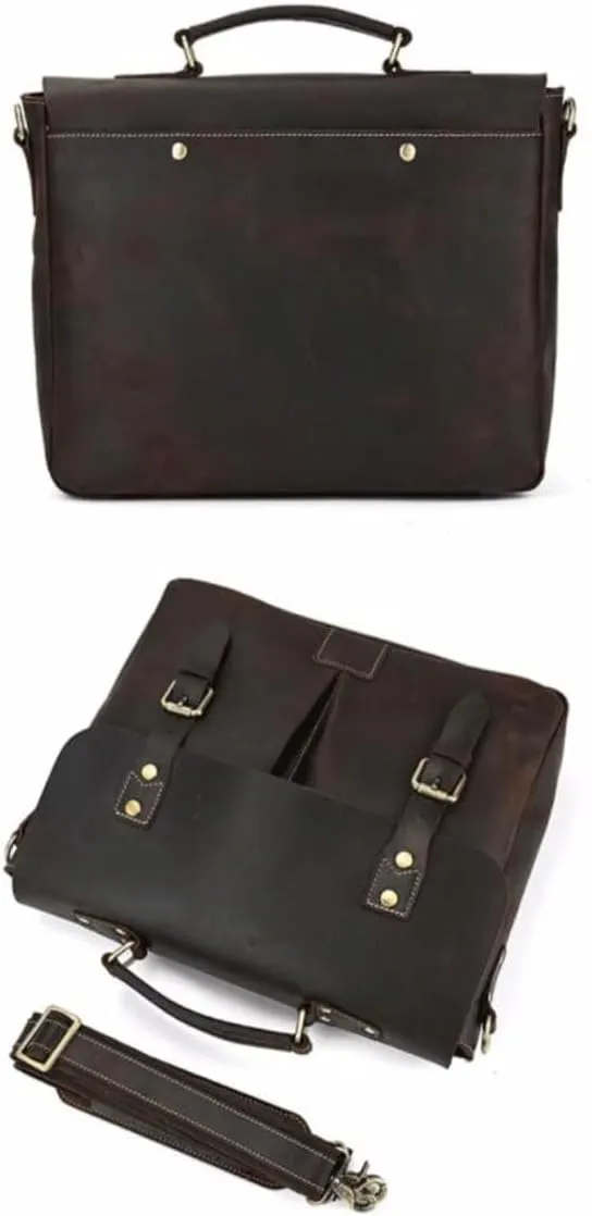 Retro Mens Computer Bags Handbags Messenger Shoulder Bags Genuine Leather Laptop Bags Briefcases 14.2Inch