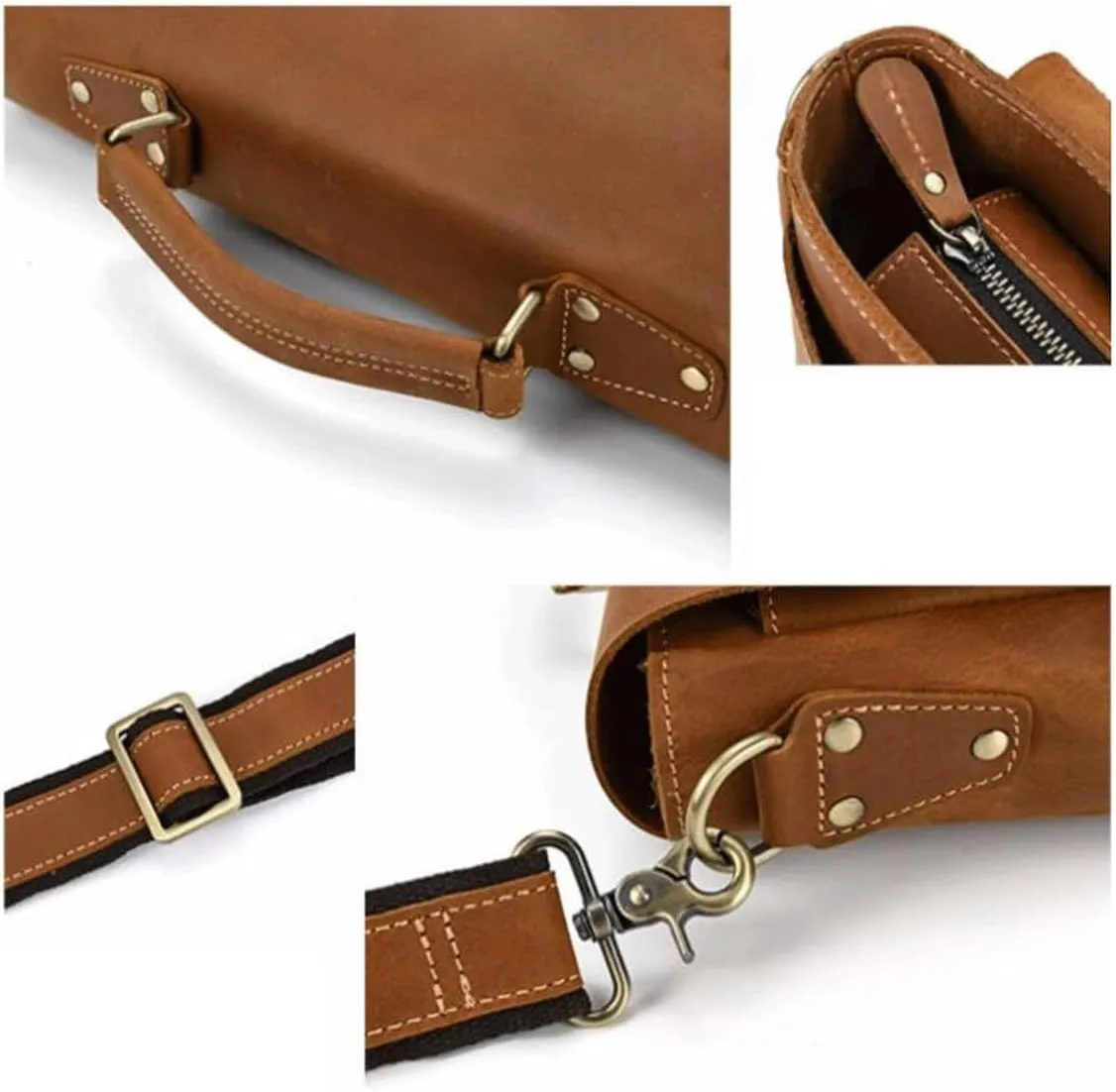 Retro Mens Computer Bags Handbags Messenger Shoulder Bags Genuine Leather Laptop Bags Briefcases 14.2Inch