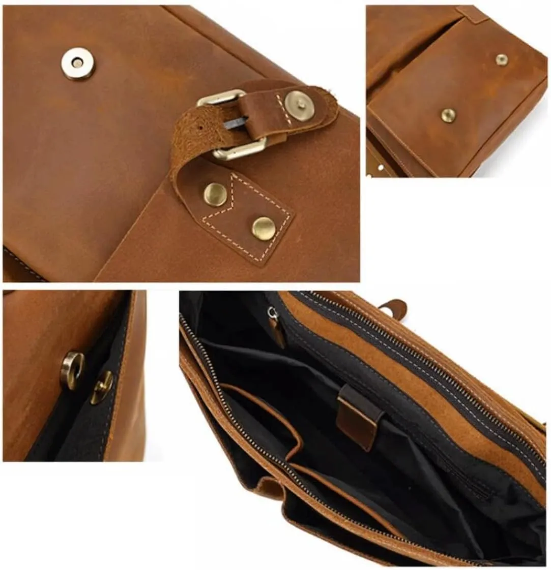 Retro Mens Computer Bags Handbags Messenger Shoulder Bags Genuine Leather Laptop Bags Briefcases 14.2Inch