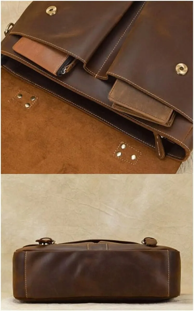 Retro Mens Computer Bags Handbags Messenger Shoulder Bags Genuine Leather Laptop Bags Briefcases 14.2Inch