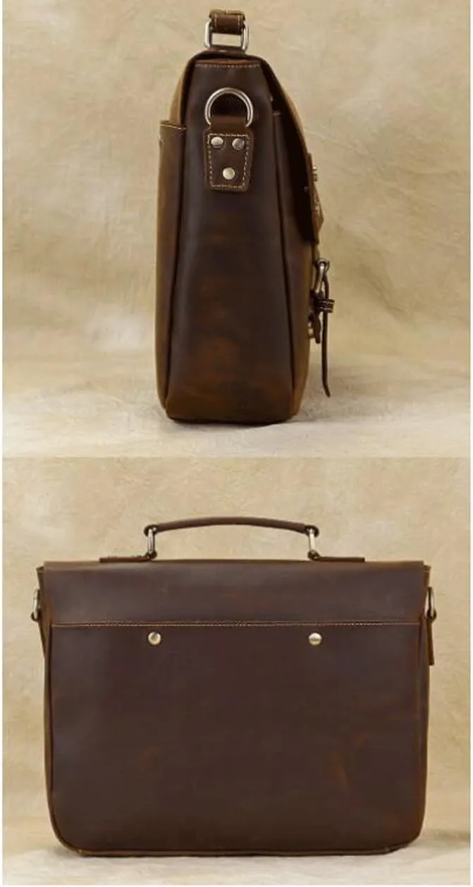 Retro Mens Computer Bags Handbags Messenger Shoulder Bags Genuine Leather Laptop Bags Briefcases 14.2Inch