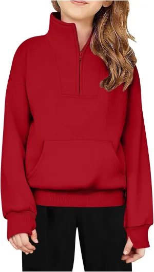 RKSTN Boys Girls Half Zip Sweatshirt Fleece Quarter Zip Pullover Sweatshirts Fall Tops with Pockets Thumb Hole