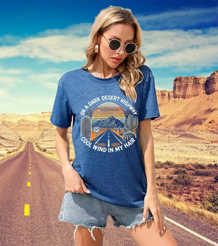 Road Trip Graphic Tees for Women Desert Cactus Highway Vintage Tees