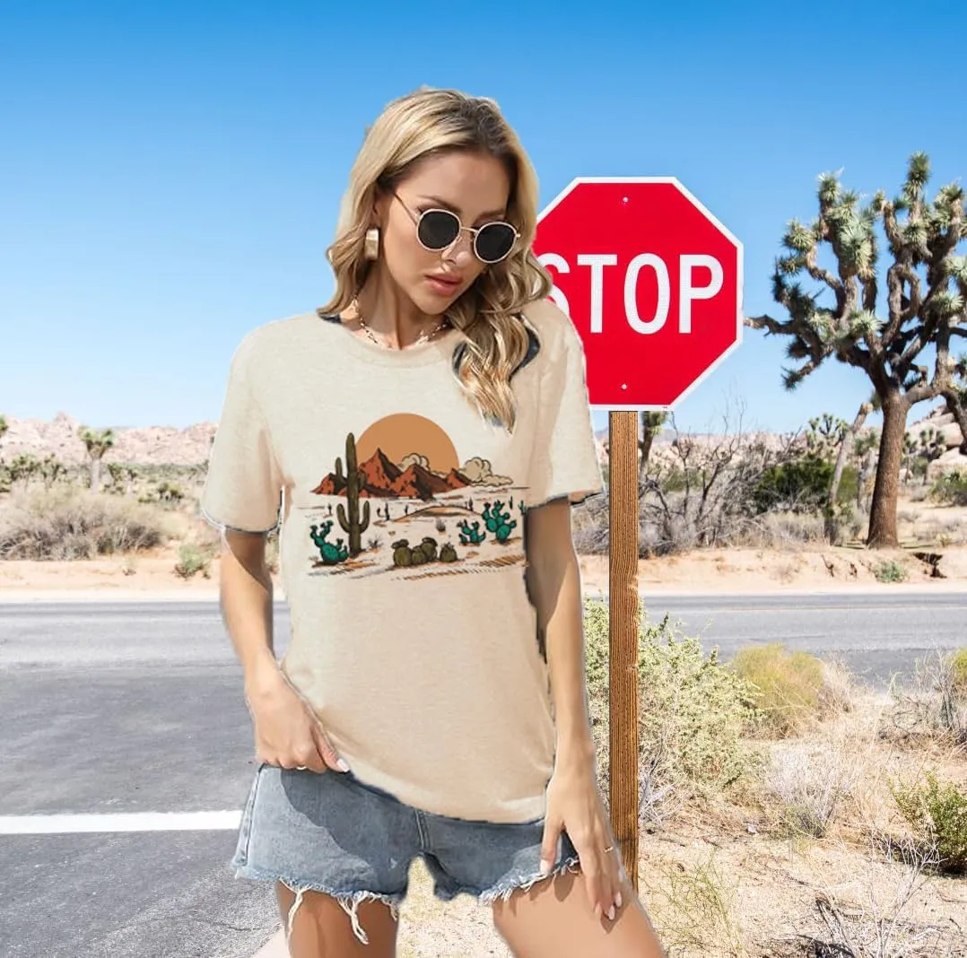 Road Trip Graphic Tees for Women Desert Cactus Highway Vintage Tees