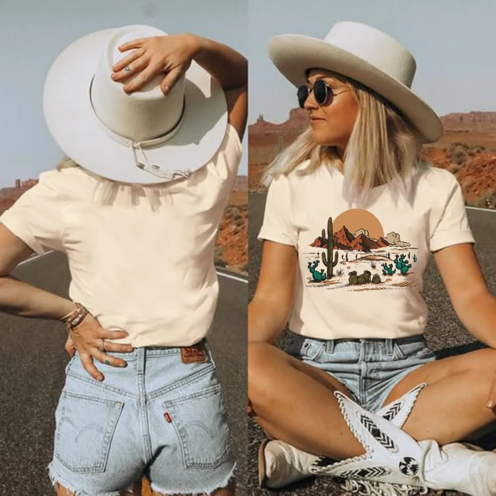 Road Trip Graphic Tees for Women Desert Cactus Highway Vintage Tees