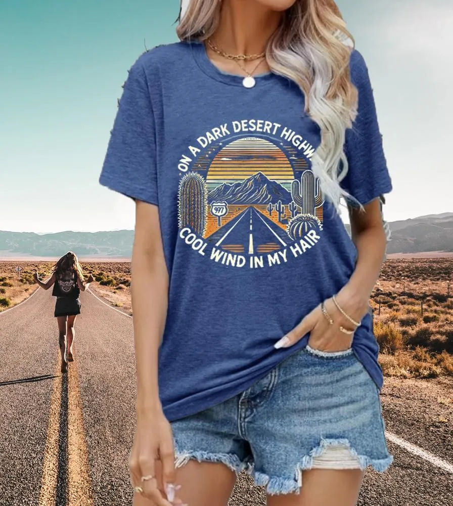 Road Trip Graphic Tees for Women Desert Cactus Highway Vintage Tees
