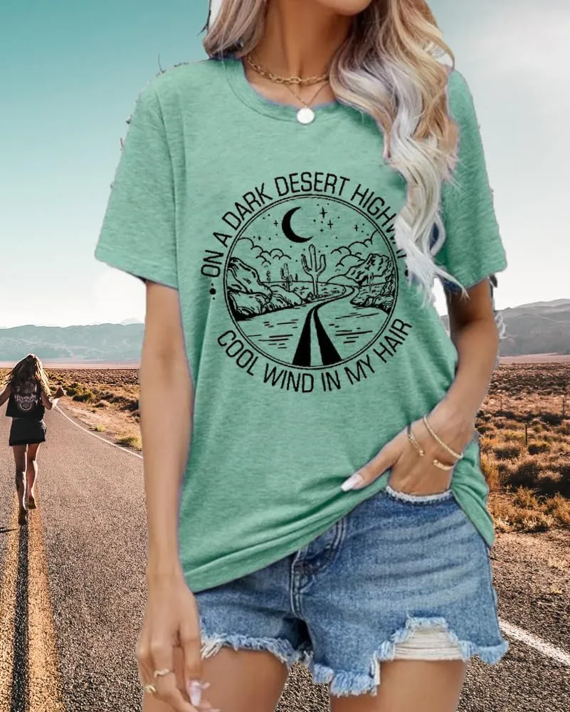 Road Trip Graphic Tees for Women Desert Cactus Highway Vintage Tees