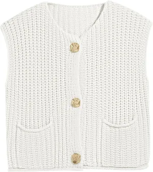 Saodimallsu Womens Sleeveless Cropped Sweater Vest Crochet Chunky Knit Button Down Cardigan Vests Tops with Pockets